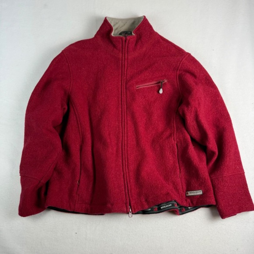 Woolrich Womens XL Red Wool Blend‎ Full Zip Mesh Lined Jacket Mock Neck Outdoor